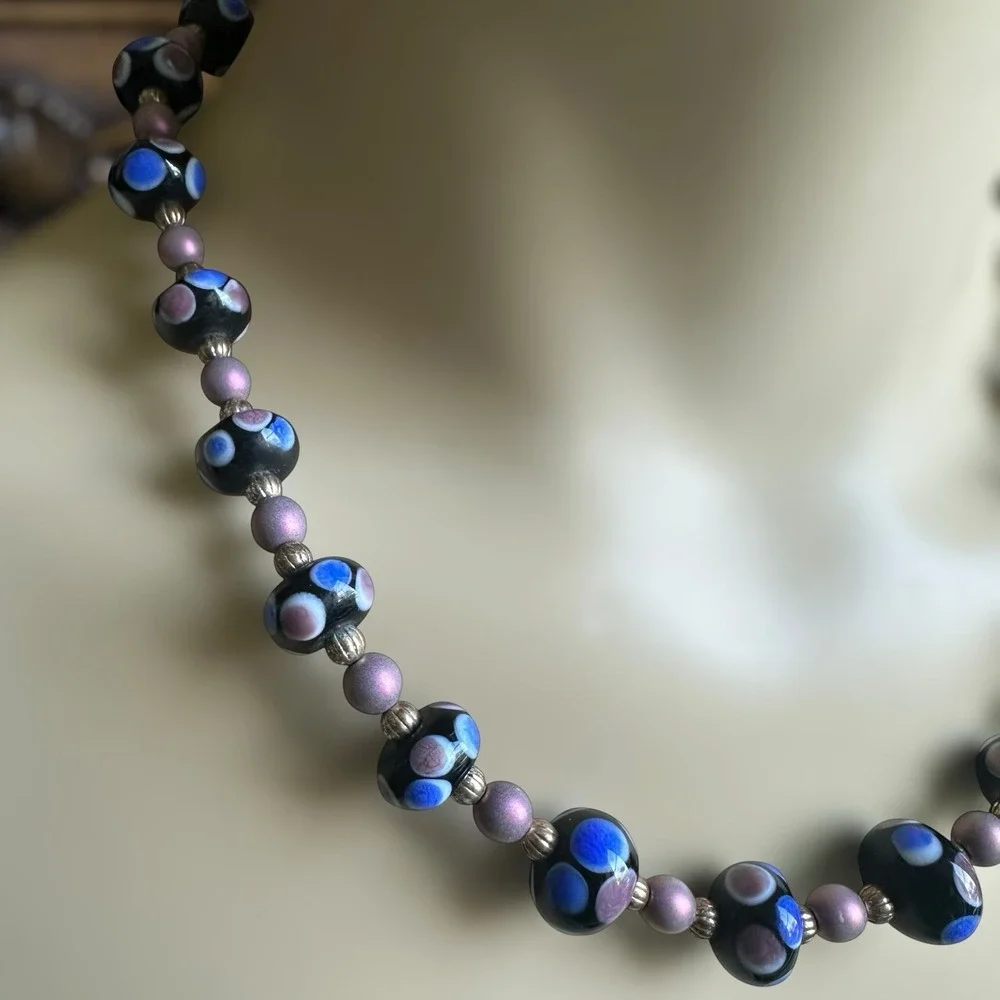 Vintage Artisan Beaded Necklace 18 Inch Match Earrings Set Lampwork‎ Art Glass